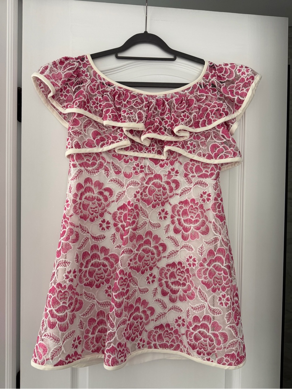 ALEXIS Paula Pink & Ivory Embroidered Off Shoulder Ruffle Dress Mini Size L NWT - Picture 3 of 8